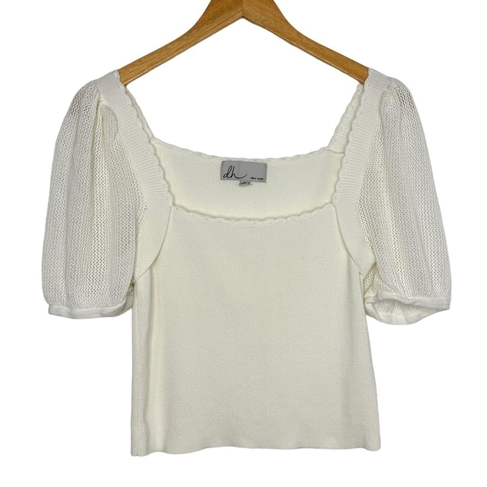 DH New York Womens Square Neck Crop Knit Top Sz Small White Mesh Puff Sleeve